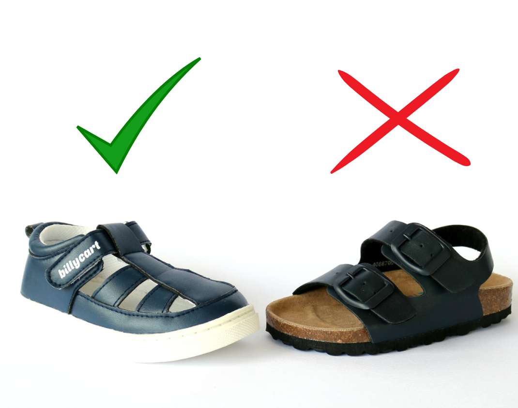 Two different sandals. One pictured with a tick, the other pictured with a cross