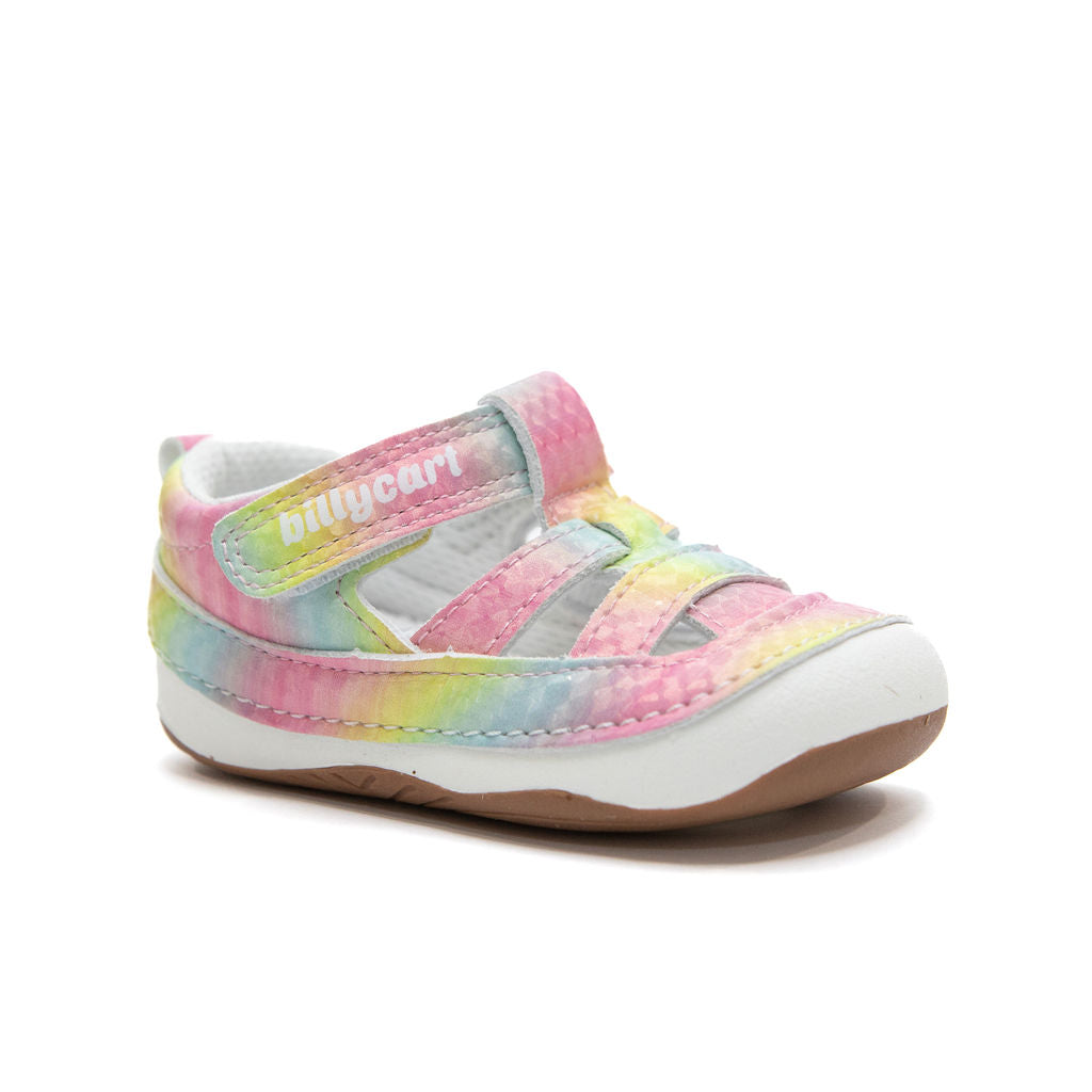 Billycart Kids - Ava rainbow girls first walker closed toe sandals with velcro. Barefoot sole and zero drop. Recommended by Australian podiatrists