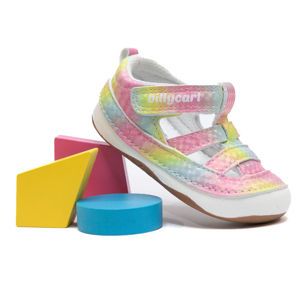 Billycart Kids - Ava rainbow girls first walker closed toe sandals with velcro. Barefoot sole and zero drop. Recommended by Australian podiatrists