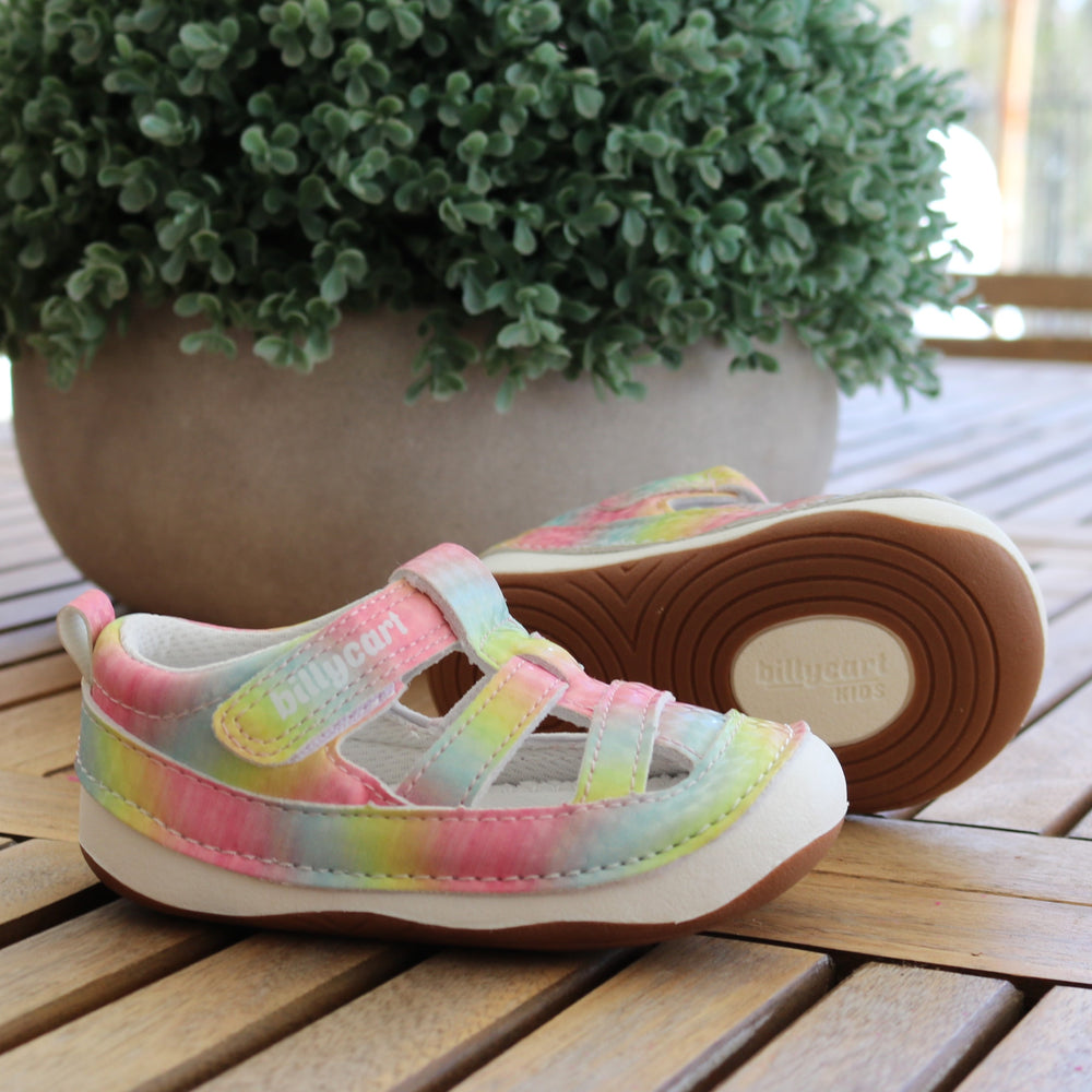 Billycart Kids - Ava rainbow girls first walker closed toe sandals with velcro. Barefoot sole and zero drop. Recommended by Australian podiatrists