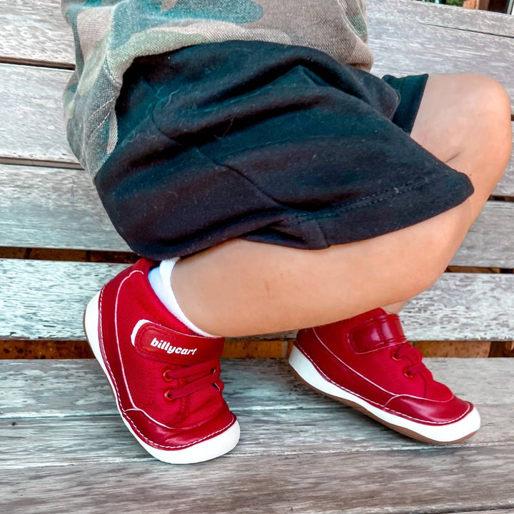 Billycart Kids Red High-top shoes for little boys. Podiatrist recommended design that’s the next best thing to going barefoot