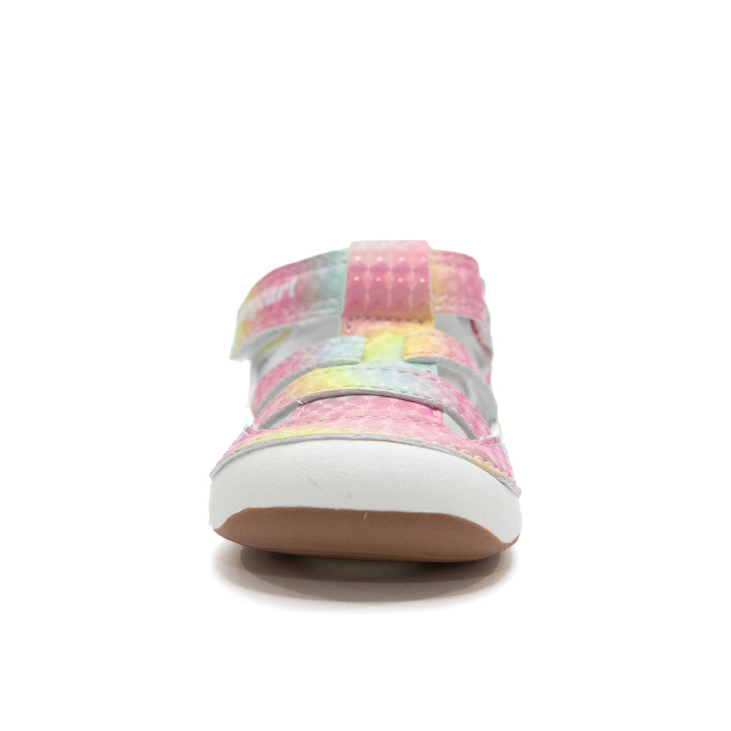 Billycart Kids - Ava rainbow girls first walker closed toe sandals with velcro. Barefoot sole and zero drop. Recommended by Australian podiatrists