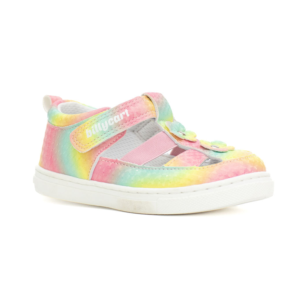 Billycart Kids Amelia rainbow soft sole first walker sandals for kids. Zero drop and recommended by podiatrists