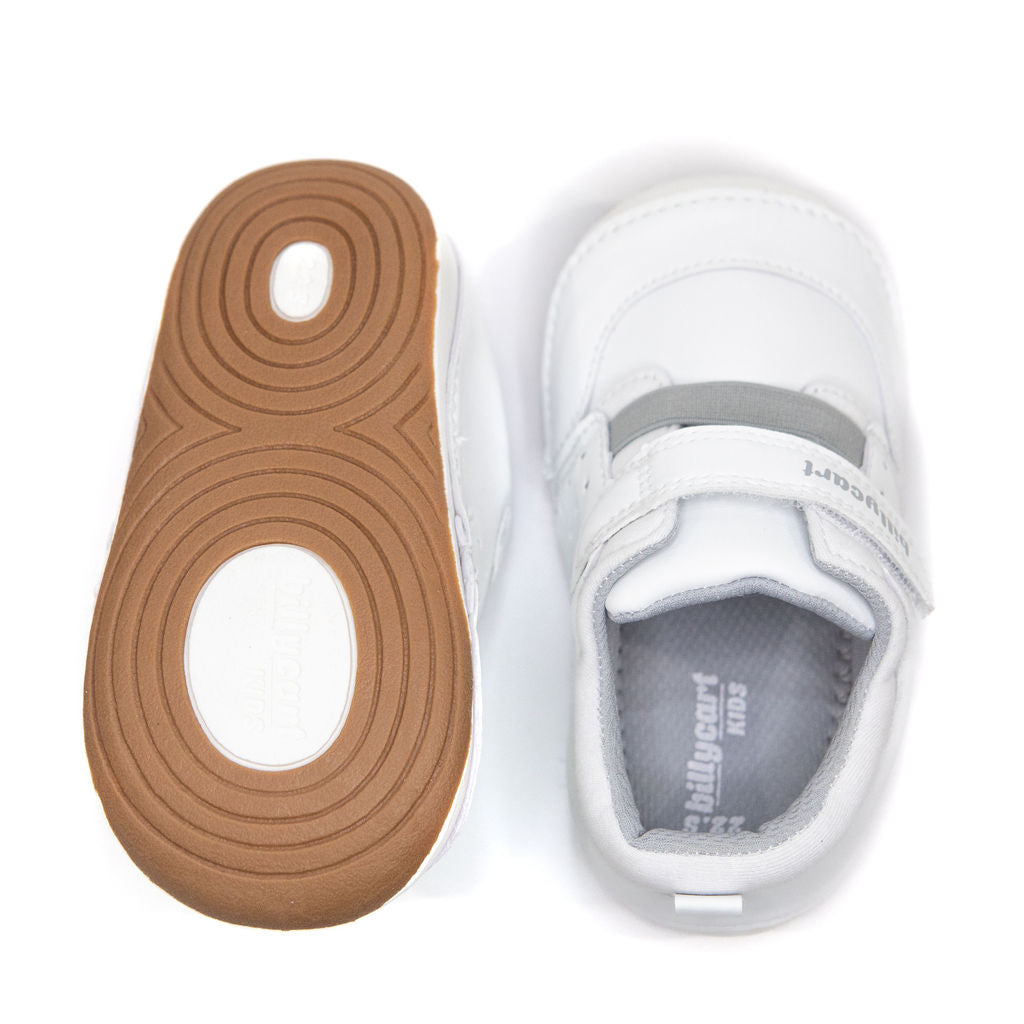 Top and sole view of billy cart kids white widefit sneakers for toddlers