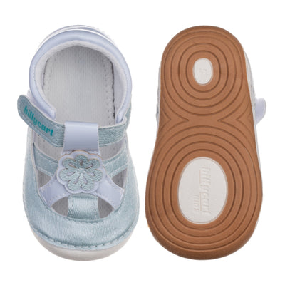 Daisy Girls non-slip, daycare Sandals with flexible, soft rubber soles. Just like Elsa from Frozen. Shoes from Billycart Kids. Buy quality Baby & Toddler shoes and footwear online. Beginner walker Girls Blue and Silver children’s sandals with rubber sole. Size 4, size 4.5, size 5, size 6, size 7. Great for fat feet or wide foot.