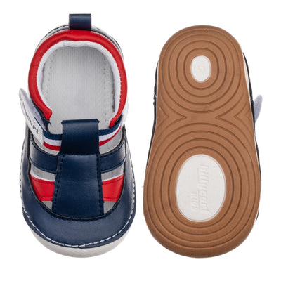 Flynn Boys Navy & Red non-slip, daycare Sandals with flexible, soft rubber soles. Shoes from Billycart Kids. Buy quality Baby & Toddler shoes and footwear online. Beginner walker Boys blue and red children’s sandals with rubber sole. Size 4, size 4.5, size 5, size 6, size 7. Great for fat feet or wide foot.