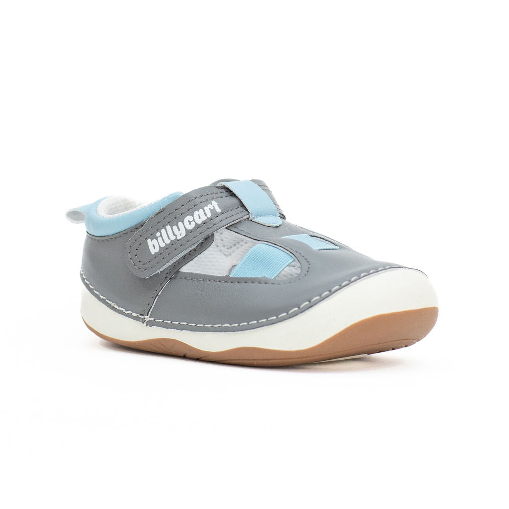 Noah Boys Grey  best first walker Sandals. Vegan friendly in Australia. Shoes from Billycart Kids.Buy quality Baby & Toddler shoes and footwear online. Beginner walker Boys blue and grey children’s sandals with rubber sole. Size 4, size 4.5, size 5, size 6, size 7. Great for fat feet or wide foot.. 