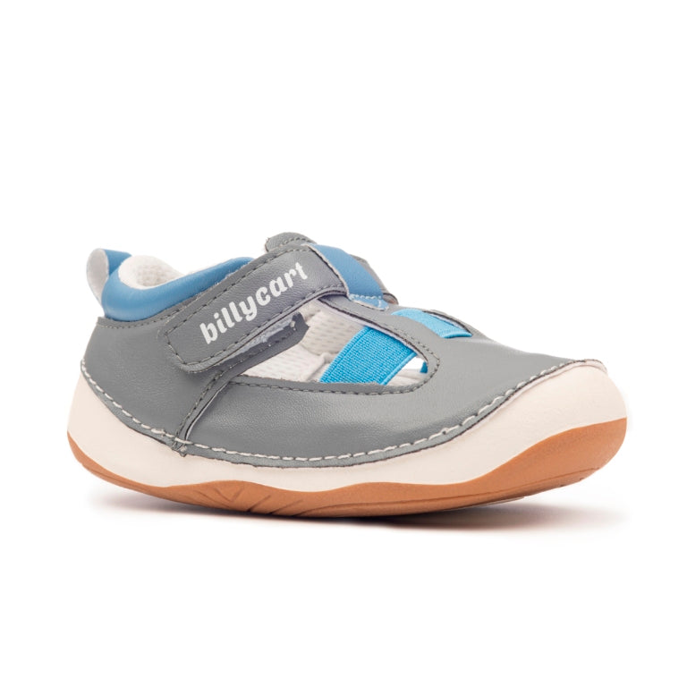 Noah Boys Grey  best first walker Sandals. Vegan friendly in Australia. Shoes from Billycart Kids.Buy quality Baby & Toddler shoes and footwear online. Beginner walker Boys blue and grey children’s sandals with rubber sole. Size 4, size 4.5, size 5, size 6, size 7. Great for fat feet or wide foot.. 