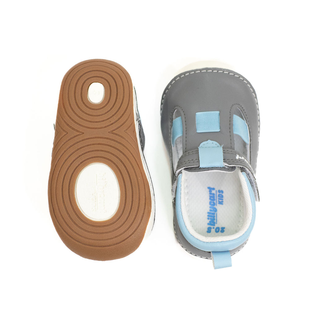 Noah Boys Grey  non-slip, daycare Sandals with flexible, soft rubber soles. Shoes from Billycart Kids. Buy quality Baby & Toddler shoes and footwear online. Beginner walker Boys blue and grey children’s sandals with rubber sole. Size 4, size 4.5, size 5, size 6, size 7. Great for fat feet or wide foot.. 