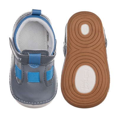 Noah Boys Grey  non-slip, daycare Sandals with flexible, soft rubber soles. Shoes from Billycart Kids. Buy quality Baby & Toddler shoes and footwear online. Beginner walker Boys blue and grey children’s sandals with rubber sole. Size 4, size 4.5, size 5, size 6, size 7. Great for fat feet or wide foot.. 