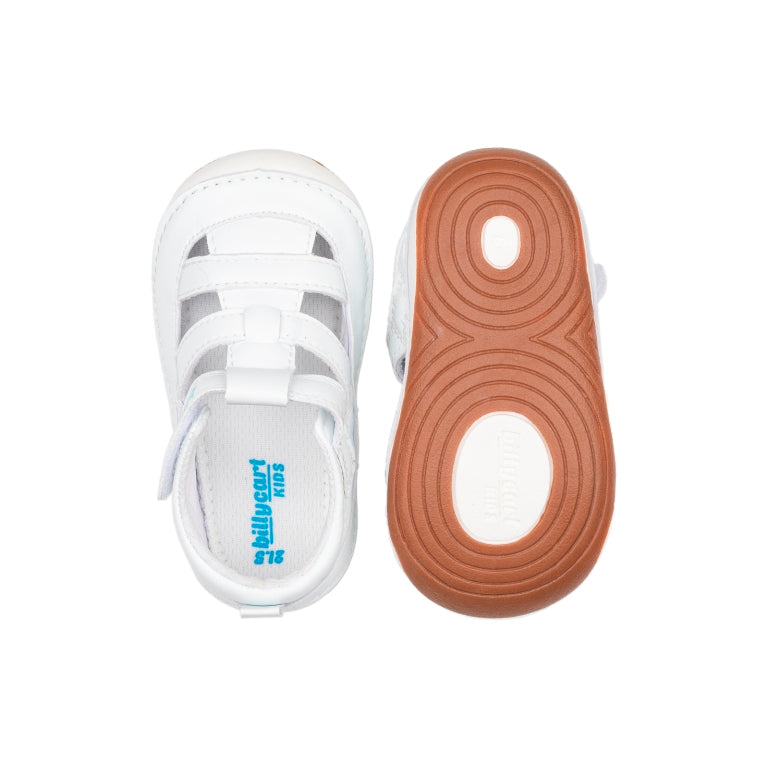Top view and sole view of Billycart kids Lane white first walker for girls