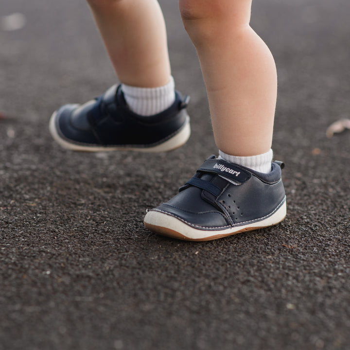 Billycart kids Navy Blue Riley stylish widefit shoes worn outdoors