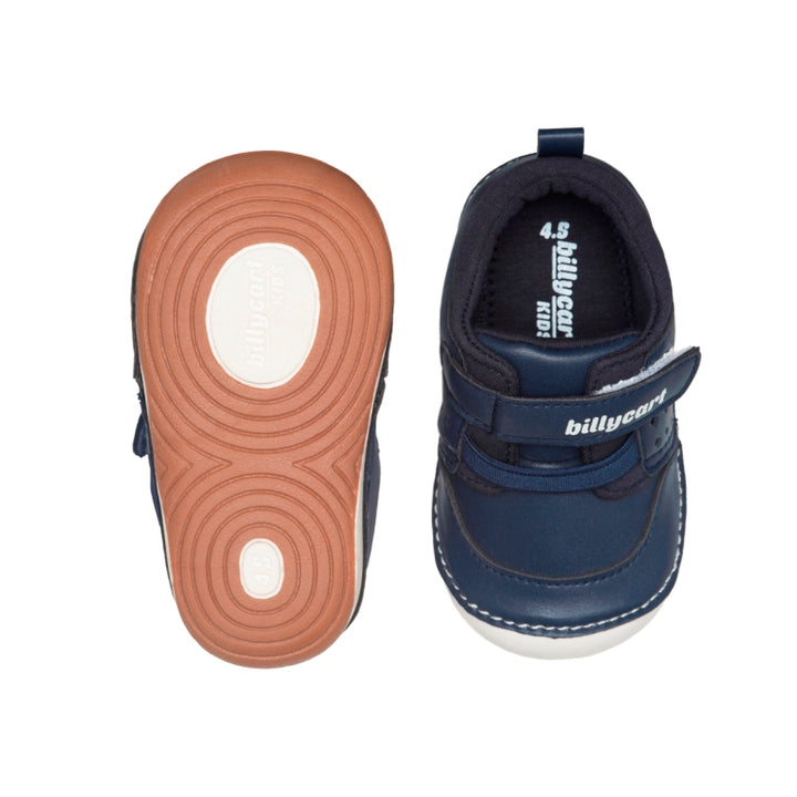 Top and sole view of billycart kids navy blue widefit sneakers for toddlers